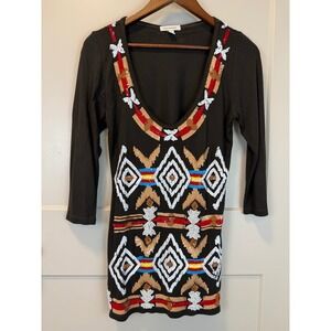 Gorgeous Boston Proper Black Sequin Aztec Native Indigenous Tunic Top Size M